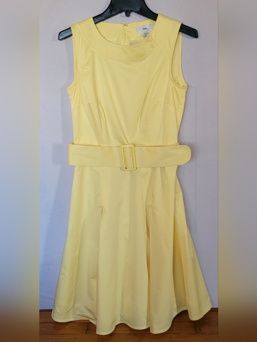 H&M Yellow Fit & Flare Dress US 6 Sleeveless Belted Cotton Stretch Party Wedding